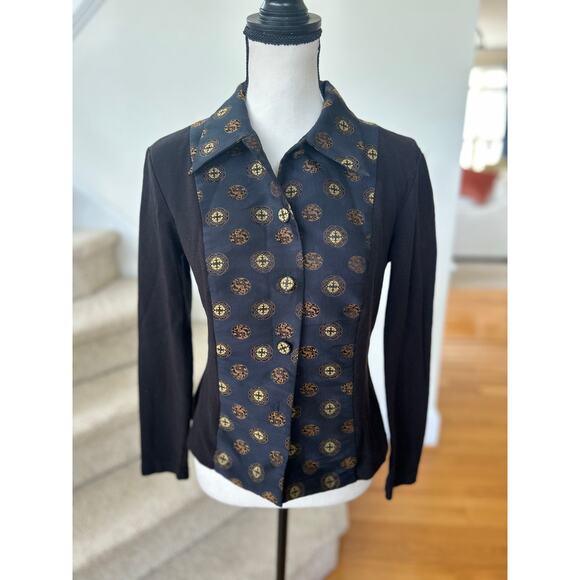 Vintage Vivienne Tam Black Cotton Collared Button Front Asian Design Knit Blouse - Picture 1 of 6